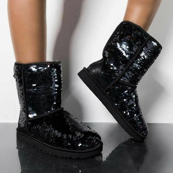 UGG Shoes - UGG Classic Short Sparkles Black Boots Sequin Sheepskin 3161 Women's 8 H12133